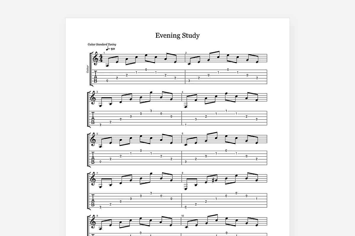A printable PDF with standard notation above the guitar tab staff