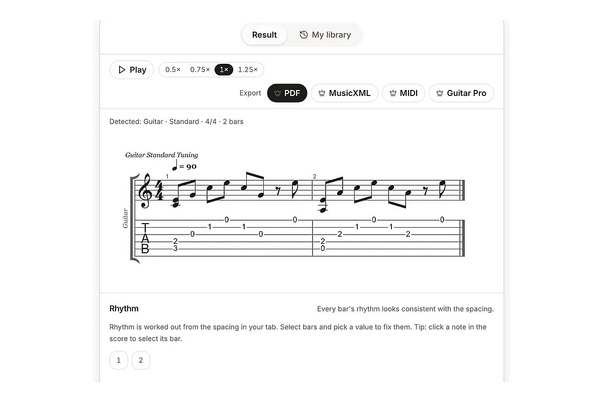 The converted notation above the tab staff with one bar highlighted for review