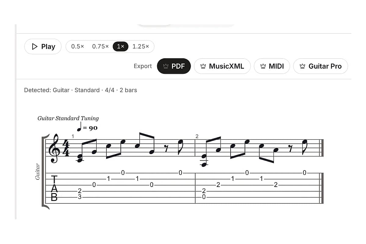 Export options for PDF, MusicXML, MIDI and Guitar Pro after converting a tab